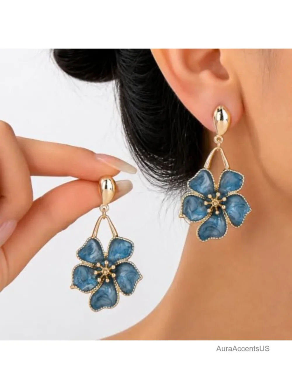 Gold Tone Floral Dangle Earrings, Oversized Flower Drop Earrings, Lightweight